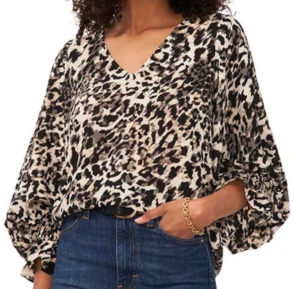 Vince Camuto Taupe Leopard Animal Print Bishop Long Sleeve V-Neck Blouse Size L